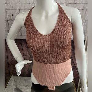 Free People Shimmer Metallic Rosegold Bodysuit-Sz S
